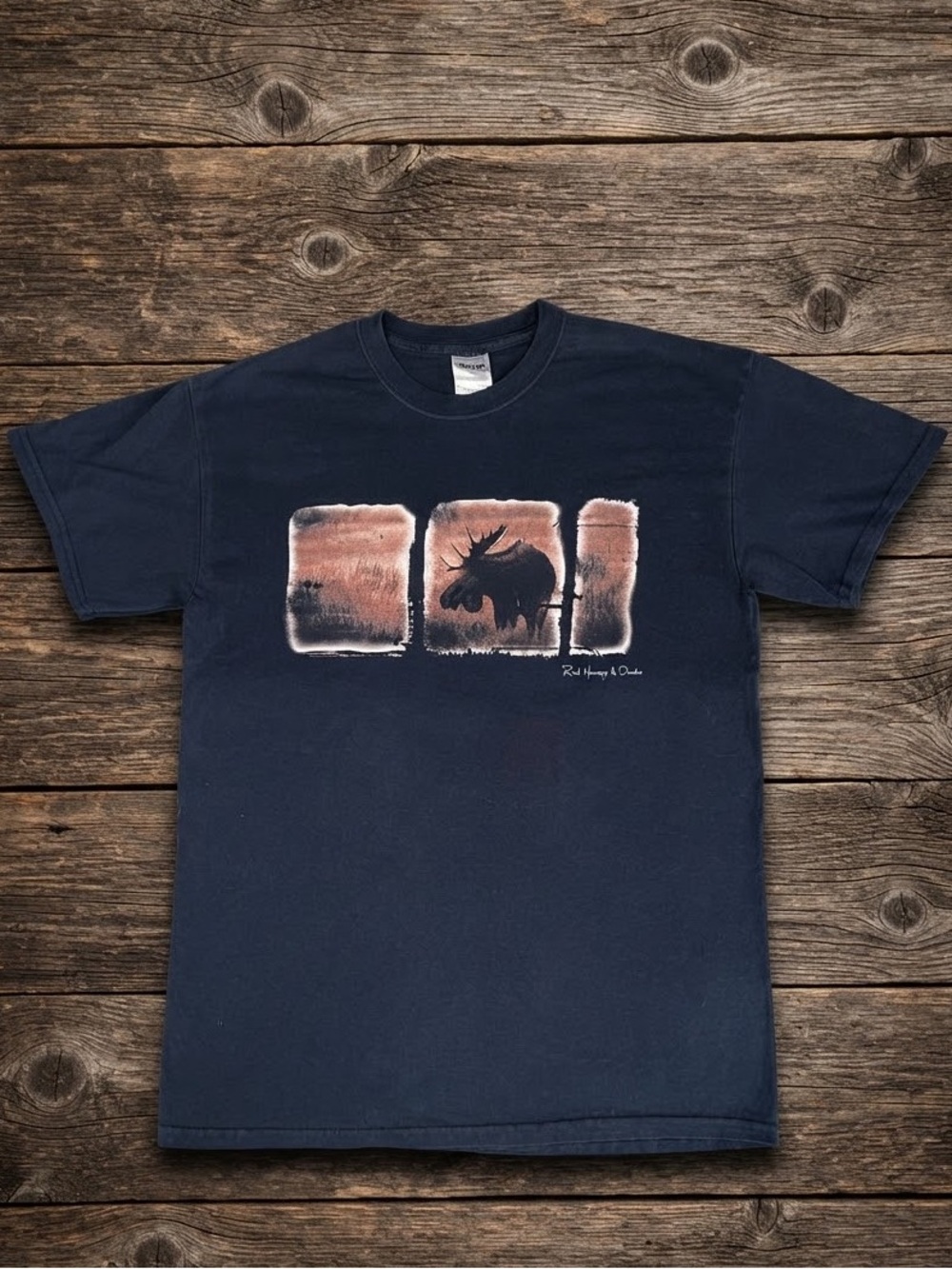 Vintage Moose Hunting Tee Unisex Black Gildan M Cabin Camp